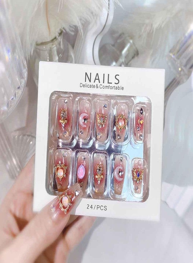 RikView Long Press on Nails Pink Fake Nails with 3D Design Coffin Nails Glossy Full Cover Nails for Women 24 PCs/Set - Image 4